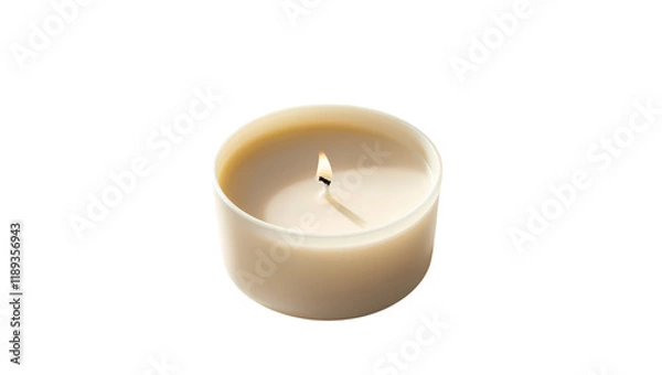 Fototapeta The image features a cylindrical candle with creamy off-white wax that glows softly, centered by a small, bright flame.