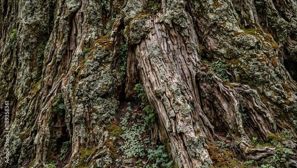 Fototapeta Detailed close up of ancient tree trunk with moss  lichen showcasing centuries of growth  resilience in serene forest