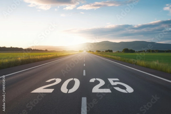 Fototapeta 2025 Goal plan action, Business target and growth strategy. New year resolution and challenge. 2025 on the road in the middle of asphalt road with at sunset forward and planning to the goal. 