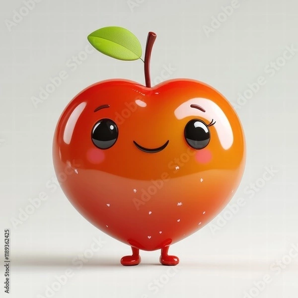Fototapeta Heartfelt Apple: A cheerful, anthropomorphic red apple with a heart shape and a sweet smile, rendered in a cartoon style. The apple features sparkling eyes, blushing cheeks, and tiny legs.