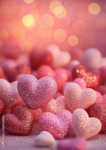 Obraz Glittery pink and red hearts with soft bokeh background create romantic atmosphere