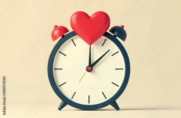 Fototapeta A clock in the form of an alarm clock, the upper division is a large volumetric heart to which the clock hands go on a light background. The concept of time, love, time to love.