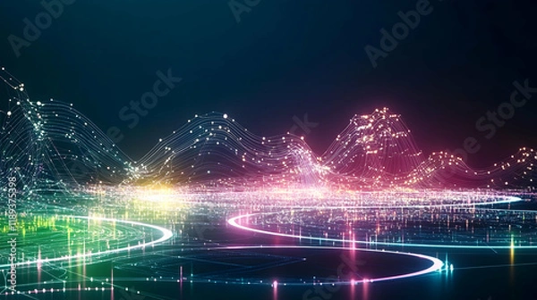 Fototapeta Abstract digital landscape of glowing data streams and swirling energy, perfect for technology or futuristic concepts