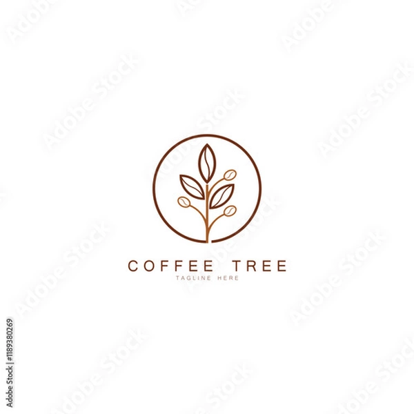 Fototapeta coffee bean with leaf plant branch hipster minimal logo vector with leaf simple line outline icon for cafe
