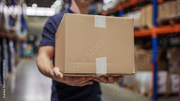 Fototapeta A man in a dark shirt holds a cardboard box in a warehouse aisle, illustrating a typical delivery scenario