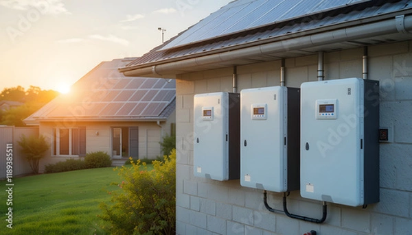 Fototapeta a sustainable energy solution with solar panels and battery storage systems. the benefits of integrating solar panels and battery storage in residential homes, environmental conservation
