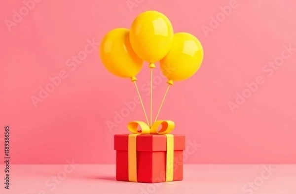 Fototapeta Yellow bright festive balloons tied to a red gift in red packaging tied with a yellow flight on a pink background. The concept of a holiday, a gift, a surprise, a congratulation.