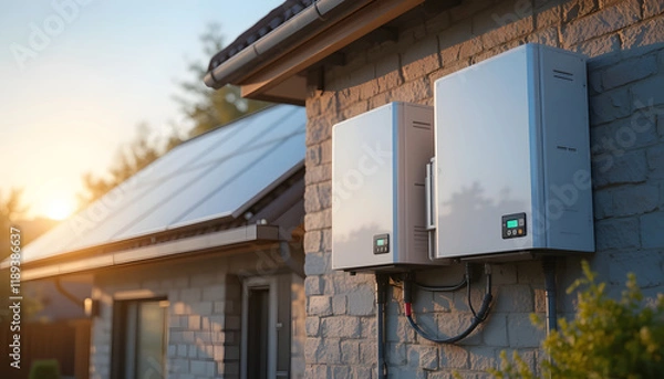 Fototapeta a sustainable energy solution with solar panels and battery storage systems. the benefits of integrating solar panels and battery storage in residential homes, environmental conservation
