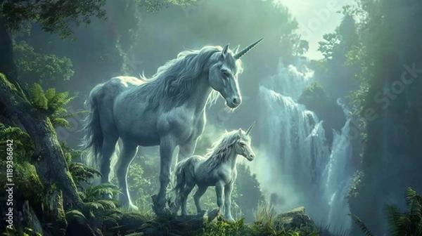 Fototapeta A huge unicorn with a silver mane and a horn glowi_002