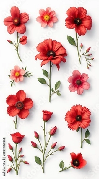 Fototapeta Collection Of Various Red-Flowered Design Element Flowers, Isolated On A White Background