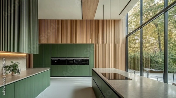 Fototapeta Modern Green Kitchen: Serene Minimalist Design with Wood Accents