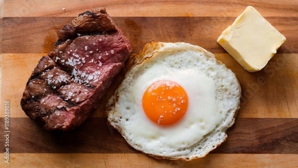 Fototapeta Sunny Side Up Egg and Grilled Steak with Butter - A Carnivore Diet Classic