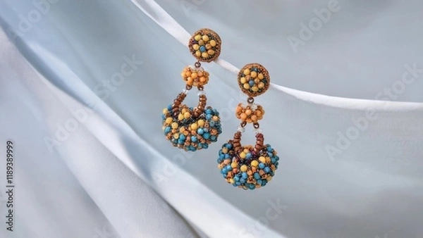 Fototapeta Handcrafted Blue and Yellow Beaded Earrings Displayed on a White Curtain Background