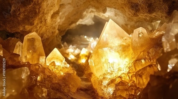 Fototapeta Cave interior, illuminated by crystals, showcasing natural formations.