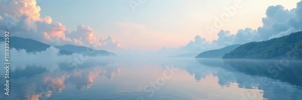 Fototapeta Ethereal Clouds Float Across Serene Lake Surface, clouds, lake, hazy
