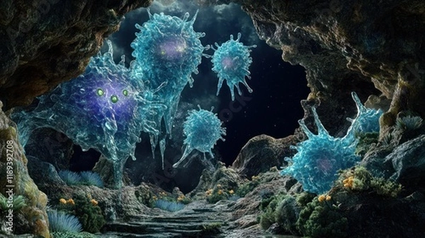 Fototapeta Cellular cave exploration.  Viral cells in a subterranean environment.