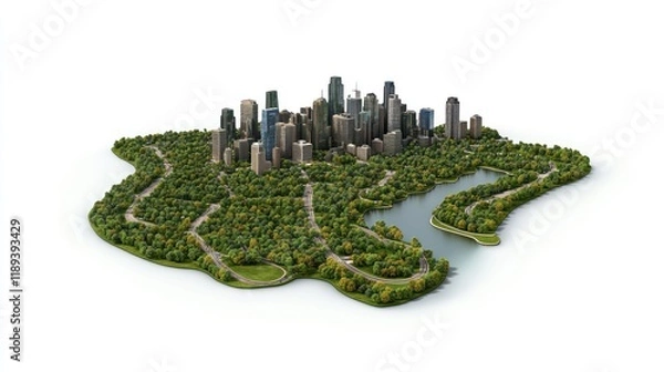 Fototapeta City island, urban park, roads, buildings, lake, 3d model, isometric view, isolated, green space, modern architecture, urban design, city planning, cityscape,  infrastructure,  aerial view,  landscape