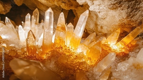 Fototapeta Clear and golden quartz crystals in a cave.