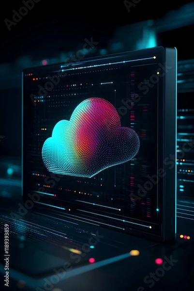 Fototapeta Digital cloud computing data storage server screen display; futuristic background, ideal for technology websites