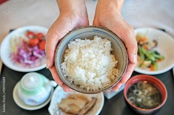 Fototapeta 和朝食./ご飯は魚沼産コシヒカリ米です.