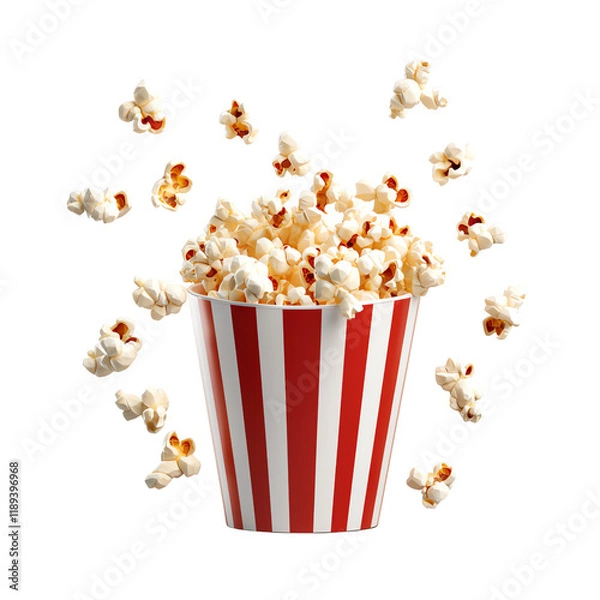Fototapeta A vibrant image of popcorn spilling out of a classic red and white striped bucket, capturing the essence of a fun snack perfect for movie nights and casual gatherings.
