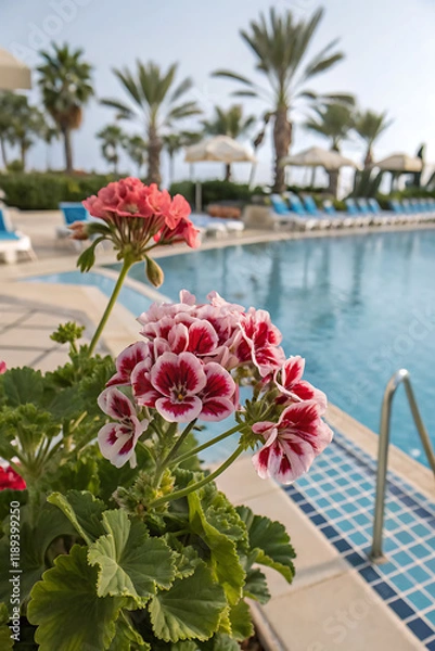 Obraz Martha Washington Geranium (Regal pelargonium) Near a Pool, Offering Elegant and Colorful Blooms