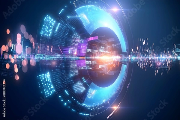 Fototapeta Futuristic city data visualization, digital technology, glowing network, abstract background, perfect for tech presentations