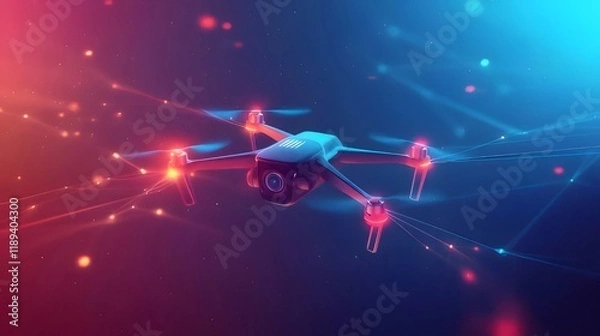 Fototapeta Futuristic drone flying through a network.