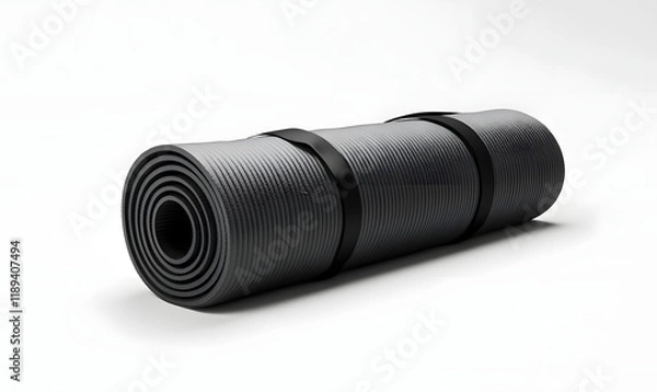Fototapeta Rolled-up gray exercise mat with straps.
