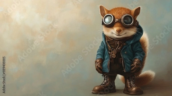 Fototapeta Cute squirrel dressed in steampunk fashion, posing against a textured backdrop.