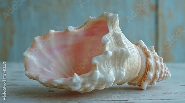 Fototapeta Beautiful seashell resting on weathered wooden surface highlighting nature's intricate designs