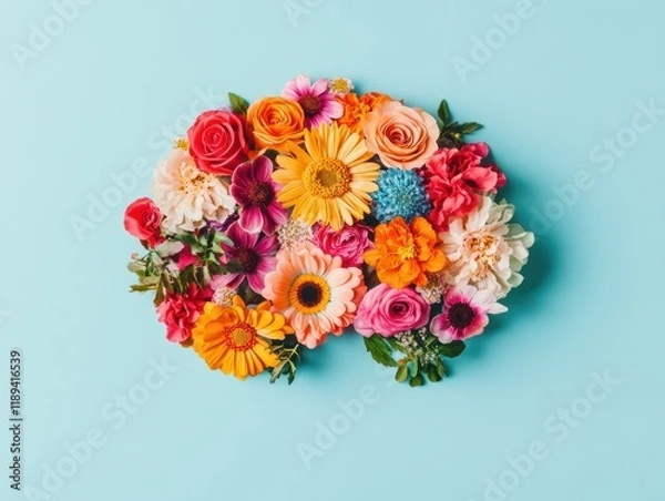 Fototapeta 色とりどりの花が集まったアレンジメントが青い背景に映える