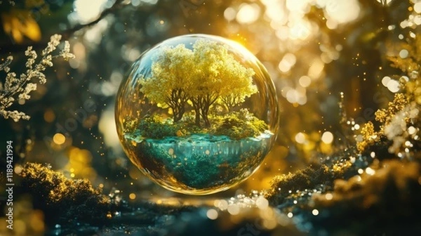Fototapeta A glowing bubble encapsulating a serene forest scene with golden light and lush greenery.