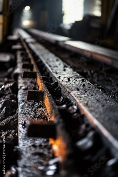 Fototapeta A close-up view of a train track with a train visible in the background, great for use in illustrations about transportation or infrastructure