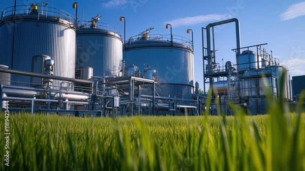 Fototapeta Biofuel Production Facility with Large Tanks and Processing Equipment Set Against Energy Market Graphs Showing Rising Demand and Pricing Trends for Biofuels in the Global Energy Market