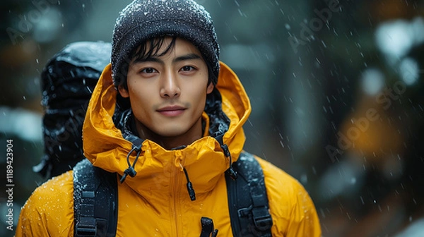 Fototapeta Portrait of a Man in the Rain: A Serene Traveler in Winter Wonderland
