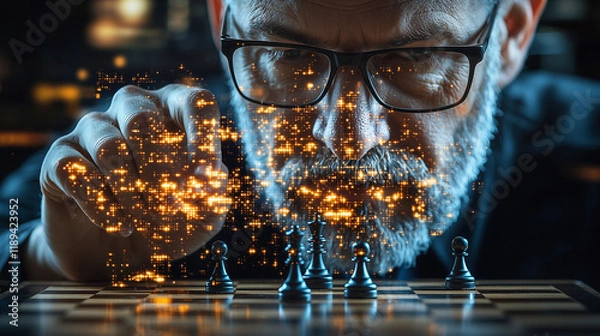 Fototapeta Strategic Vision: A Man Plays Digital Chess, Representing Futuristic Technology and Data Network