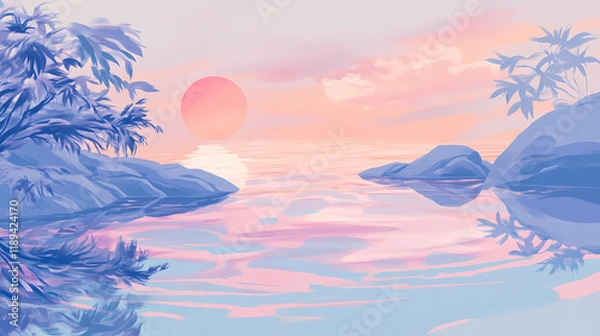 Fototapeta A serene water surface reflecting soft pink and blue hues, creating a tranquil and dreamy atmosphere. Duskfall. Illustration