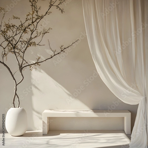 Fototapeta Minimalist Sunlit Interior with Neutral Wooden Bench, Ceramic Vase, and Flowing Sheer Curtains in an Archway for a Serene and Elegant Aesthetic