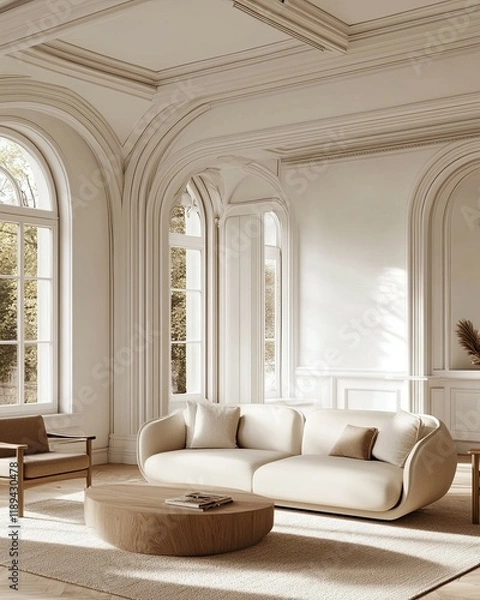 Fototapeta Elegant Beige Sofa in Sunlit Classic Room Interior