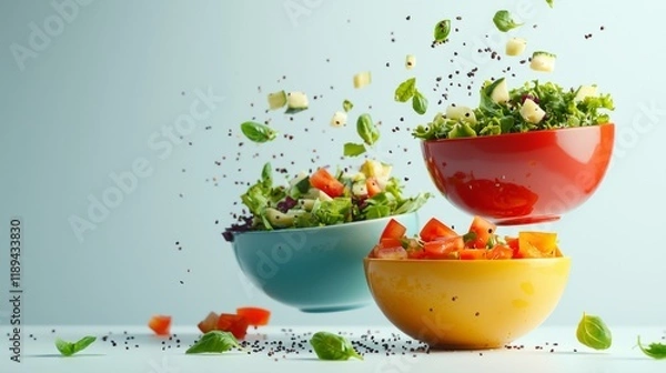 Fototapeta Minimalist salad delivery ad with colorful bowls on white background