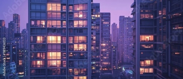 Fototapeta city skyline at dusk with illuminated windows