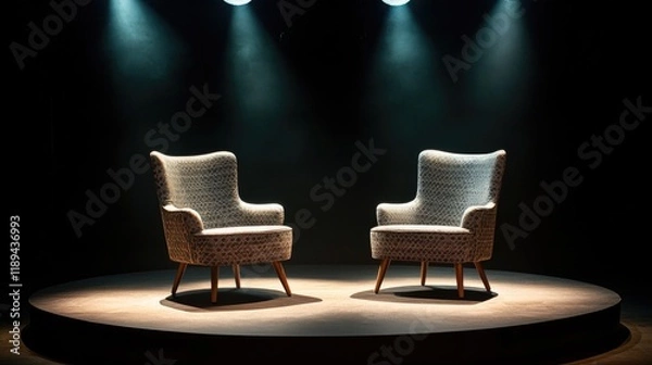 Fototapeta Two chairs are on a stage, facing each other. The chairs are wooden and have a modern design. The stage is dark, and the chairs are lit up, creating a dramatic atmosphere