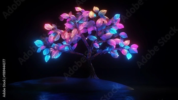Fototapeta Neon Nature: 3D Rendered Glowing Tree with Vibrant Neon Leaves on a Black Background