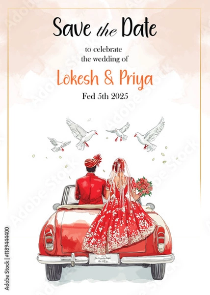 Obraz Modern Wedding Invitation Card Design with bride and groom