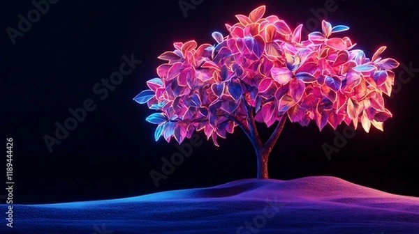 Fototapeta Neon Nature: 3D Rendered Glowing Tree with Vibrant Neon Leaves on a Black Background
