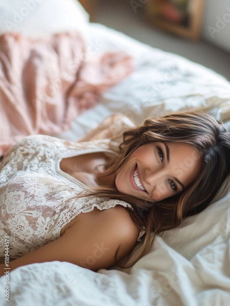 Obraz Woman smiling in a cozy bedroom setting, sunlight streaming through the window in the morning