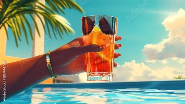 Fototapeta Poolside Vibes: A Person Holding a Cocktail with Sunglasses on a Sunny Day
