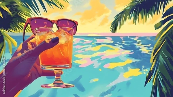 Fototapeta Poolside Vibes: A Person Holding a Cocktail with Sunglasses on a Sunny Day