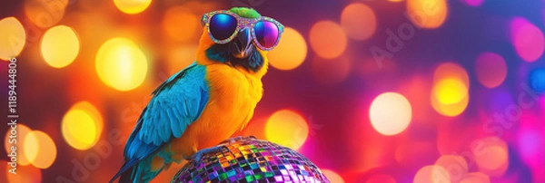 Fototapeta Ein bunter Papagei mit Sonnenbrille steht auf einem Mini Disco Ball in einer lustigen Tanzpose. Der Hintergrund ist von lebendigen, retro inspirierten Disco Lichtern umgeben. Party Einladung